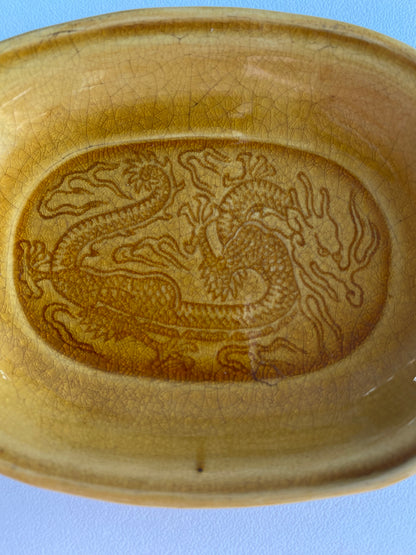 Antique Awaji Minpei Ware Dragon Small Oval Dish (淡路 珉平焼) 1001