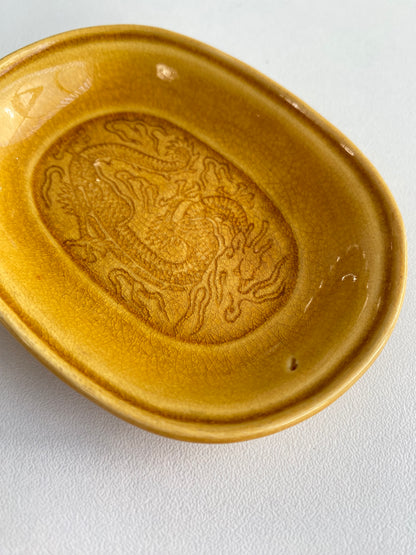 Antique Awaji Minpei Ware Dragon Small Oval Dish (淡路 珉平焼) 1002