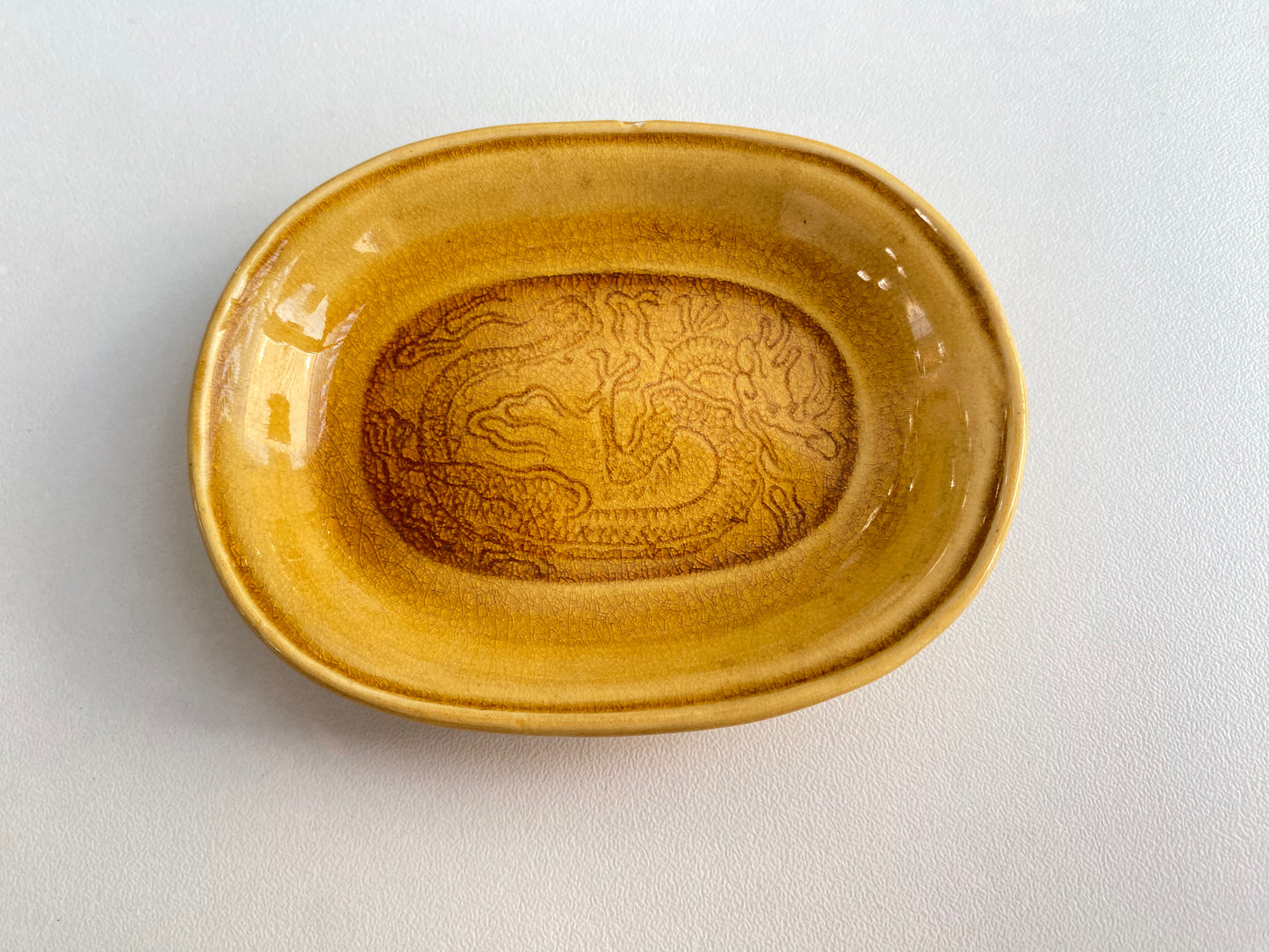 Antique Awaji Minpei Ware Dragon Small Oval Dish (淡路 珉平焼) 1006