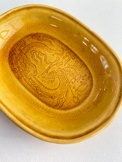 Antique Awaji Minpei Ware Dragon Small Oval Dish (淡路 珉平焼) 1006